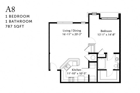 Floor plan for 1 bed, 1 bath, 788 sqft
